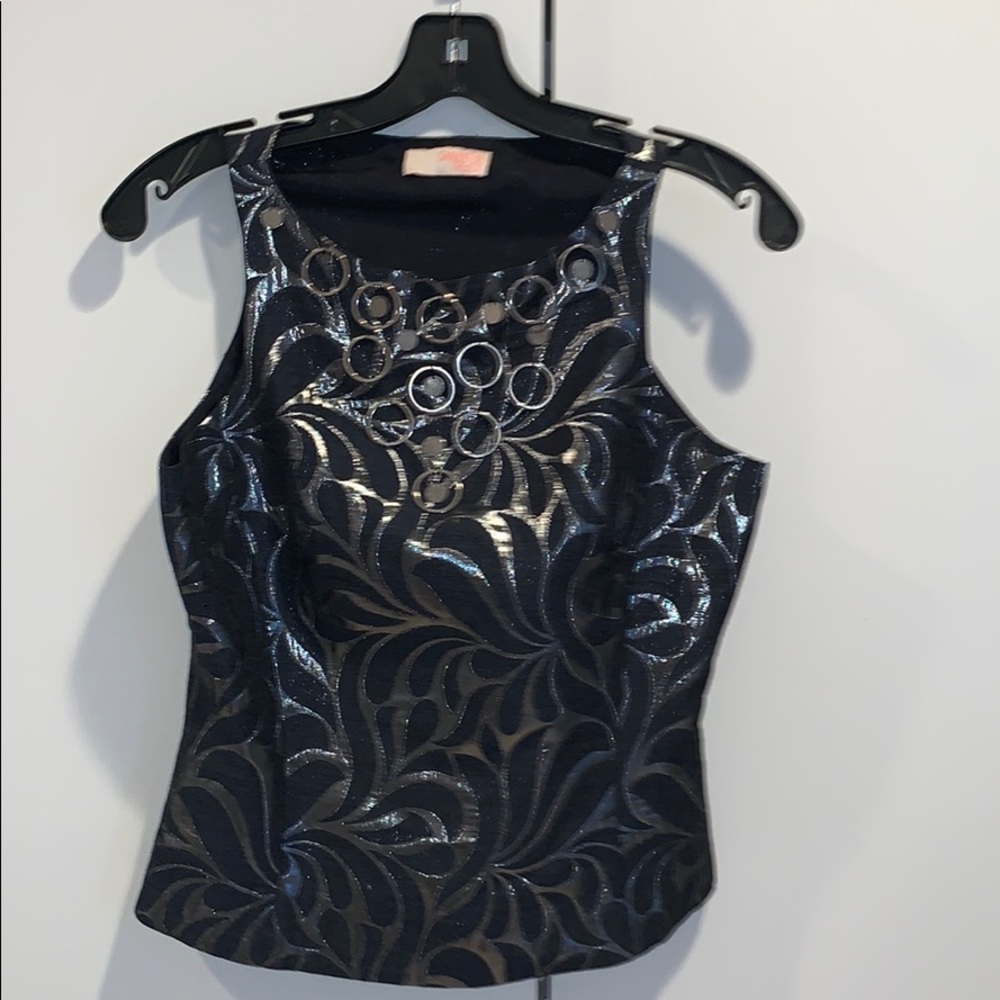 SAMANTHA TREACY Black/Sliver Silk Sleeveless Top S